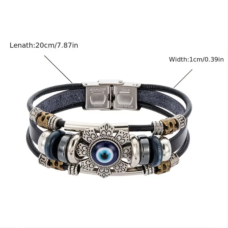 black punk turkish lucky evil eye multilayer leather bracelet for men details 5