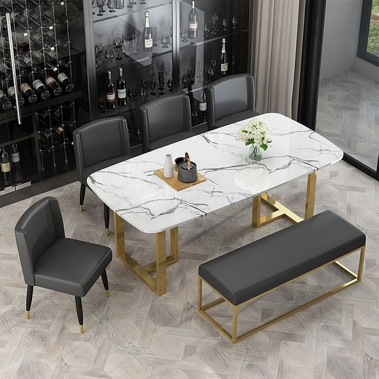 Homemys Modern Elegant Dining Table with Faux Marble Top & Metal Legs Single Piece Rectangular Kitchen Table in Gold