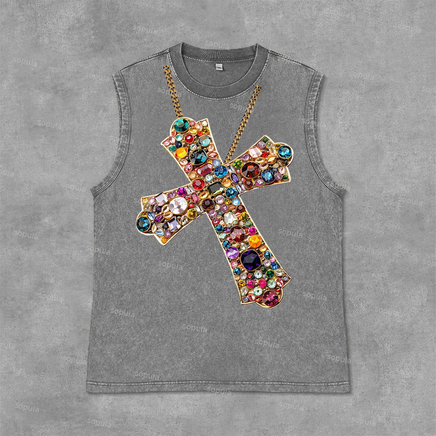 Diamond Cross Graphic Print Acid Washed Sleeveless Tank Top