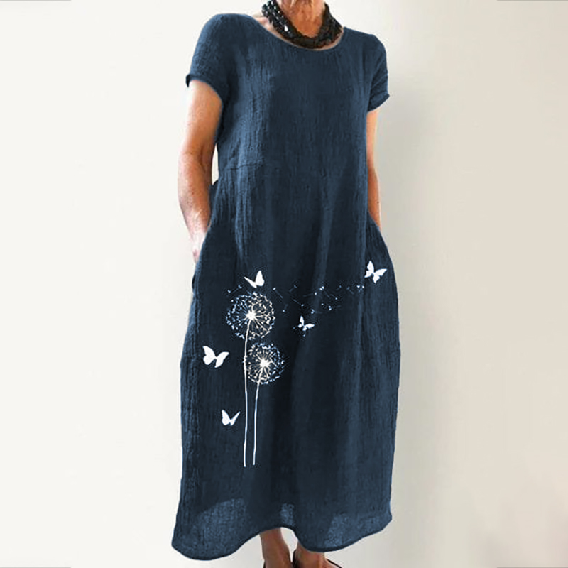 Casual Loose Dandelion Butterfly Print Linen Midi Dress wearshes