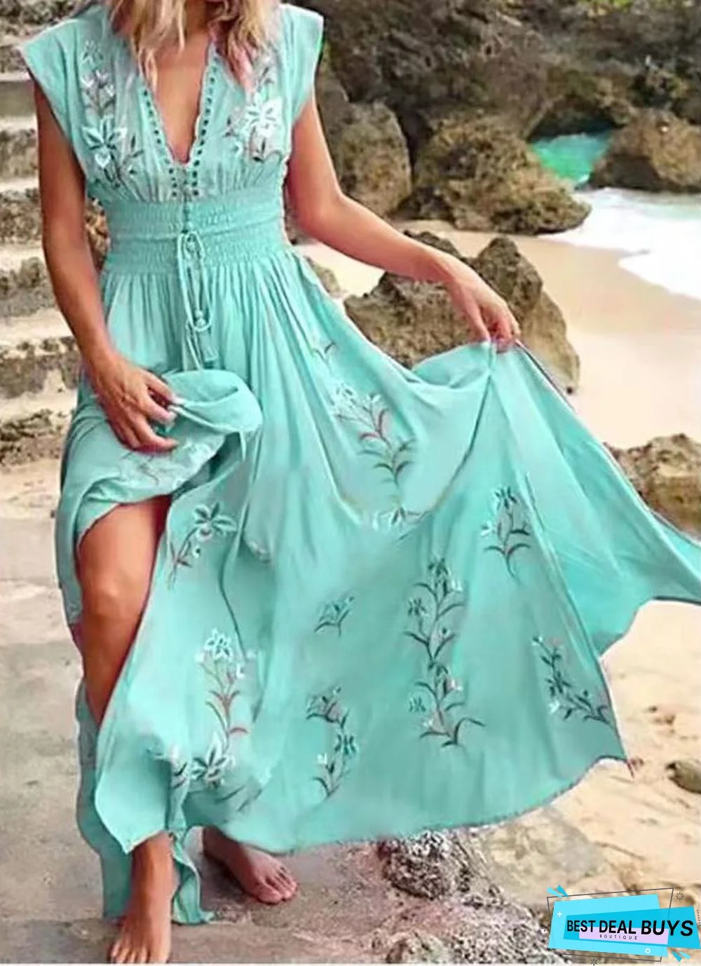 Women's V-Neck French Beach Bohemian Print Dress