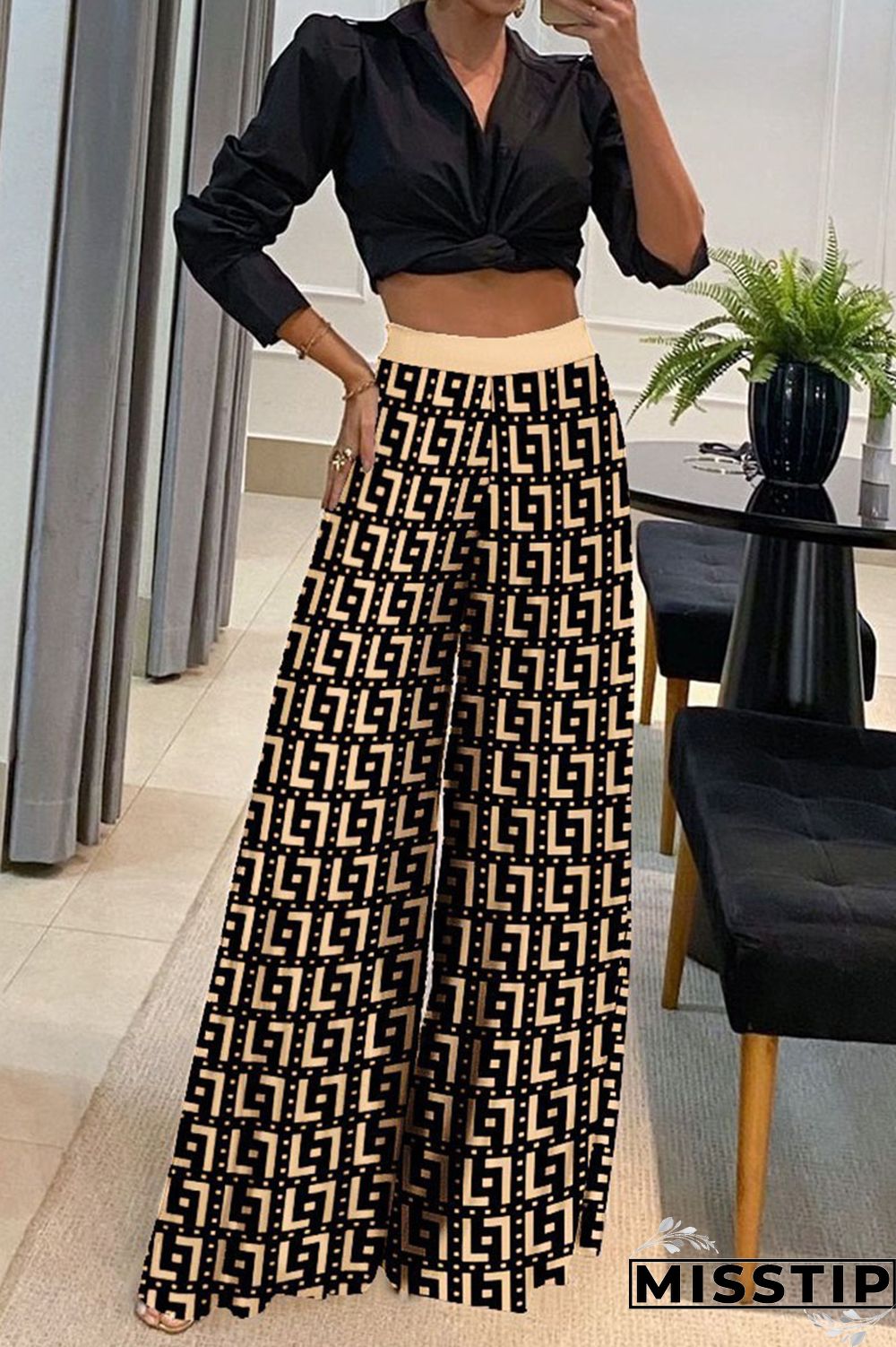 Khaki Casual Print Patchwork Turndown Collar Long Sleeve Two Pieces