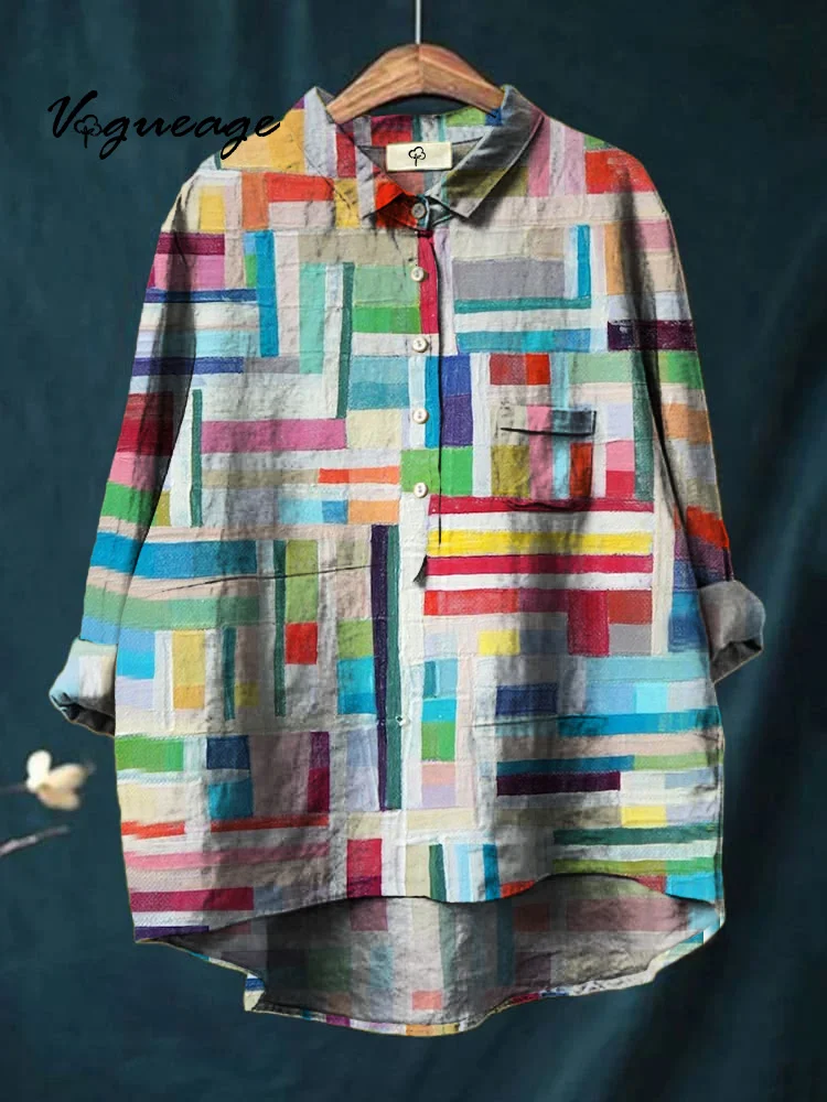Fashionable Colorful Stripes Stitching Printed Cotton And Linen Shirt
