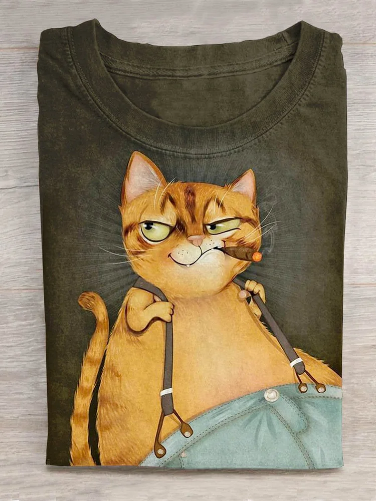 Funny Cat Smoking Art Pattern Print Casual T-Shirt