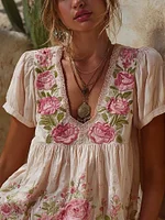 Vintage Boho Roses Embroidered Short Sleeve Linen Shirt