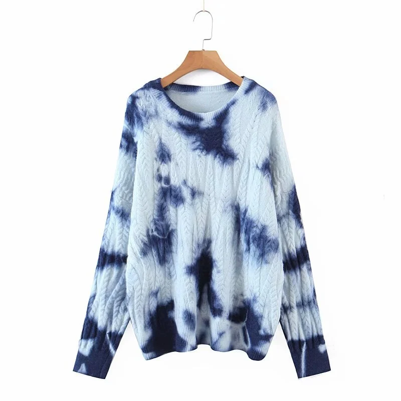 New Fashion Women Vintage Oversize Tie Dye Print Sweater O Neck Long Sleeve Casual  Pullover Jumper Winter Sweaters