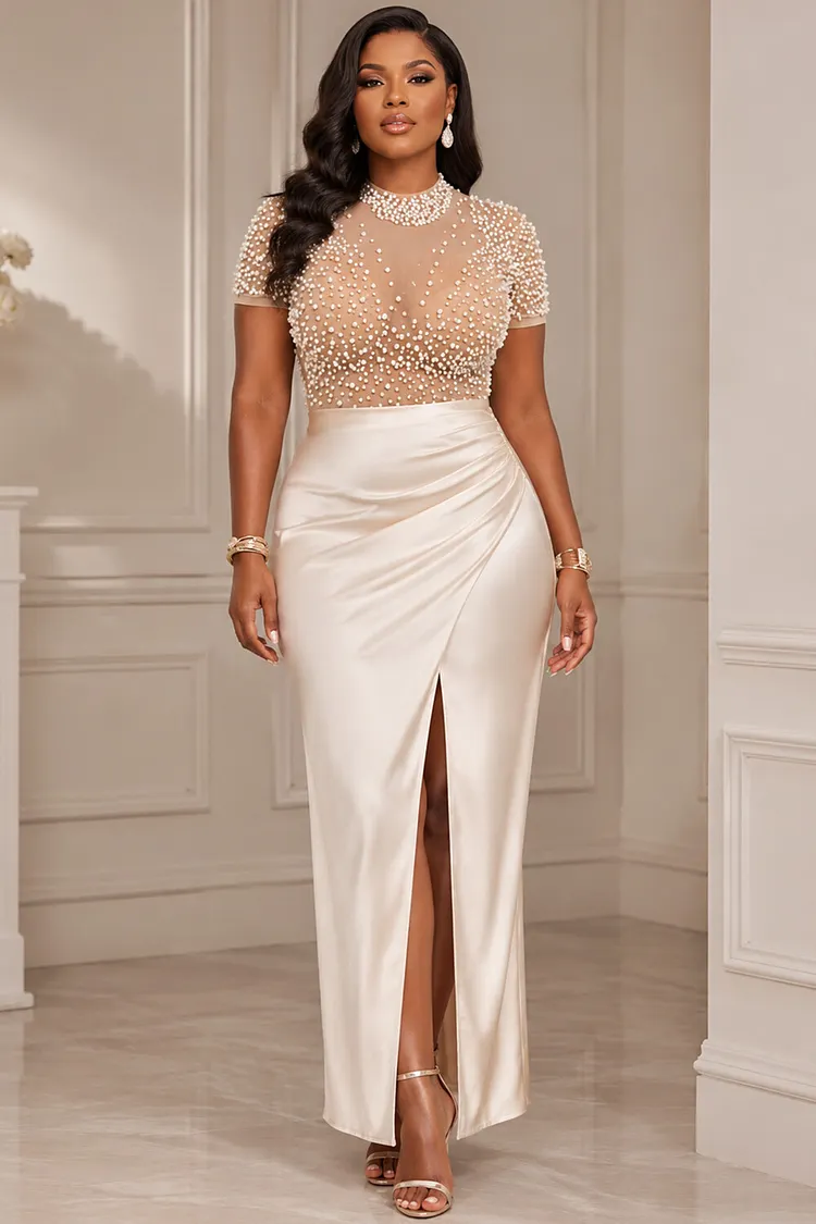 Xpluswear Design Plus Size Formal Nude Round Neck Short Sleeve Pearls Split Satin Two Piece Skirt Sets [Pre-Order] 2024 - Xpluswear