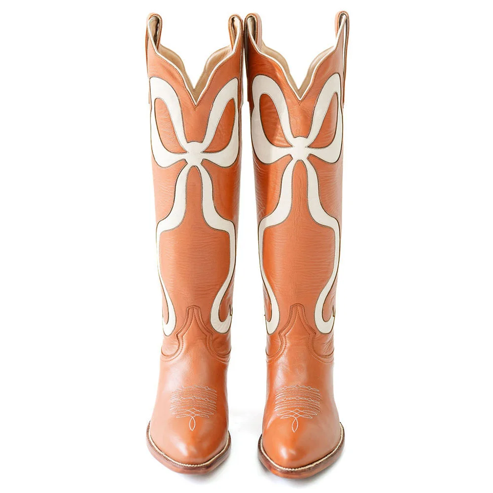 Orange & White Bow Inlay Cowgirl Boots with Chunky Heels