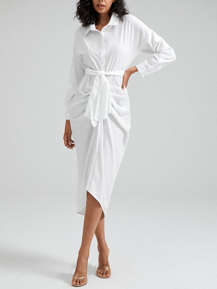 Solid Button Front Ruched Long Sleeve Belt Shirt Dress - Shop Trendy Women's Fashion | TeeYours