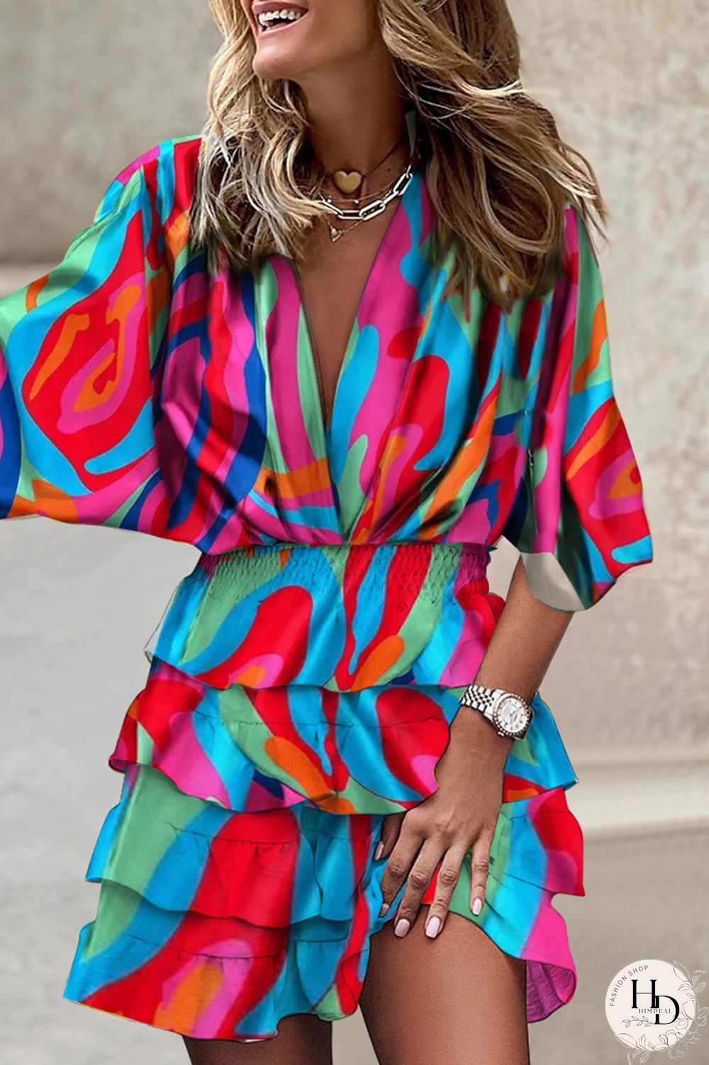 Blue Fashion Casual Print Patchwork V Neck Printed Dress