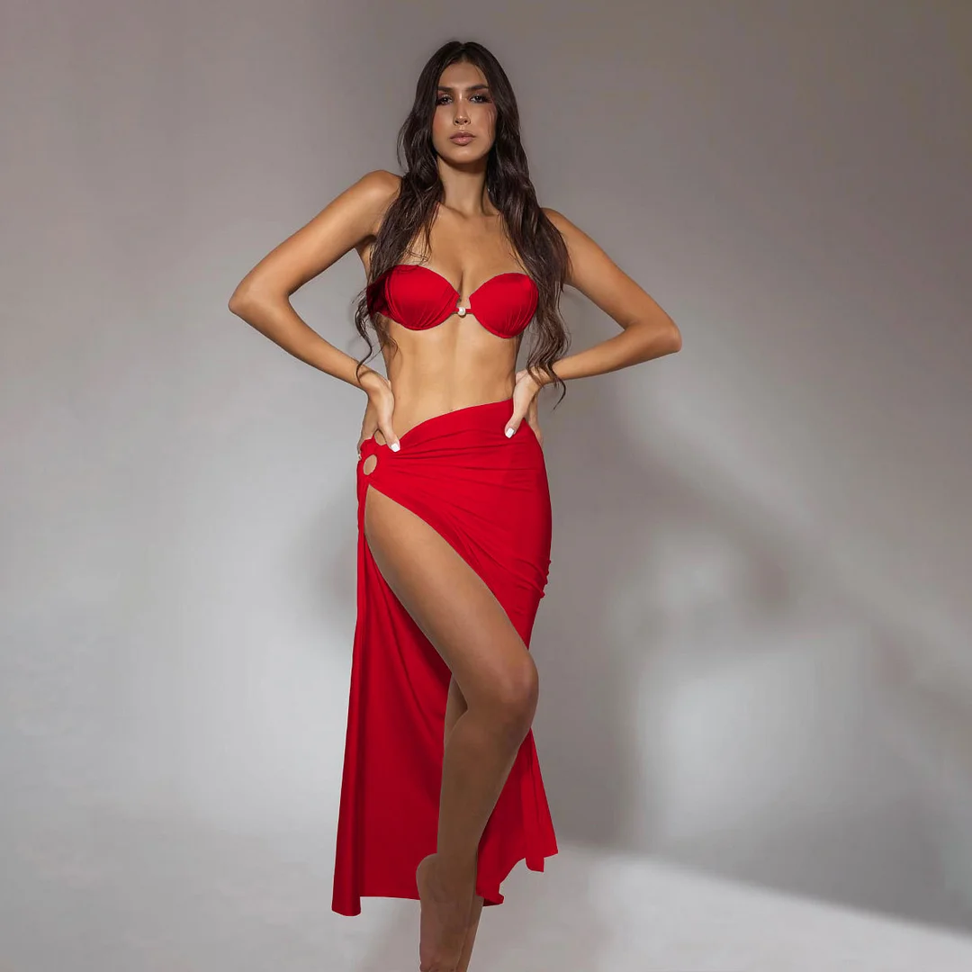 Brownm Blast-Bender Solid-Colored Swimsuit Women's Half-Body Dress Three-Piece Hard Bag Bikini