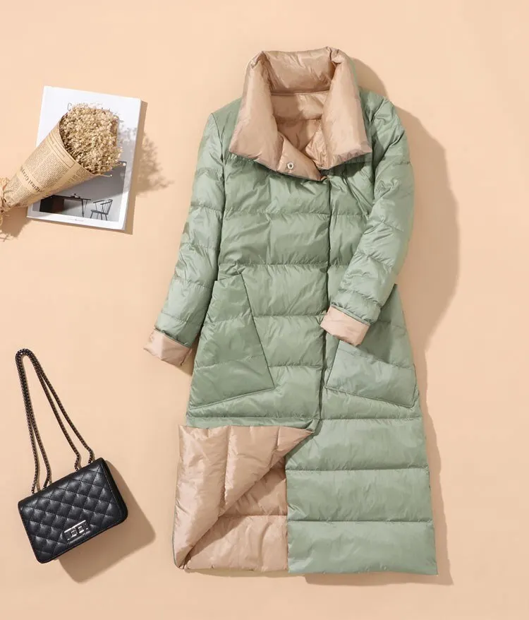 FTLZZ New Autumn Winter Women Double Sided Ultra Light Long Down Coat 90% White Duck Down Parkas Warm Snow Plaid Outwear