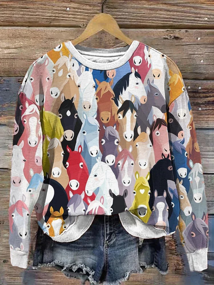 Comstylish Colorful Horses Print Casual Cozy Sweatshirt