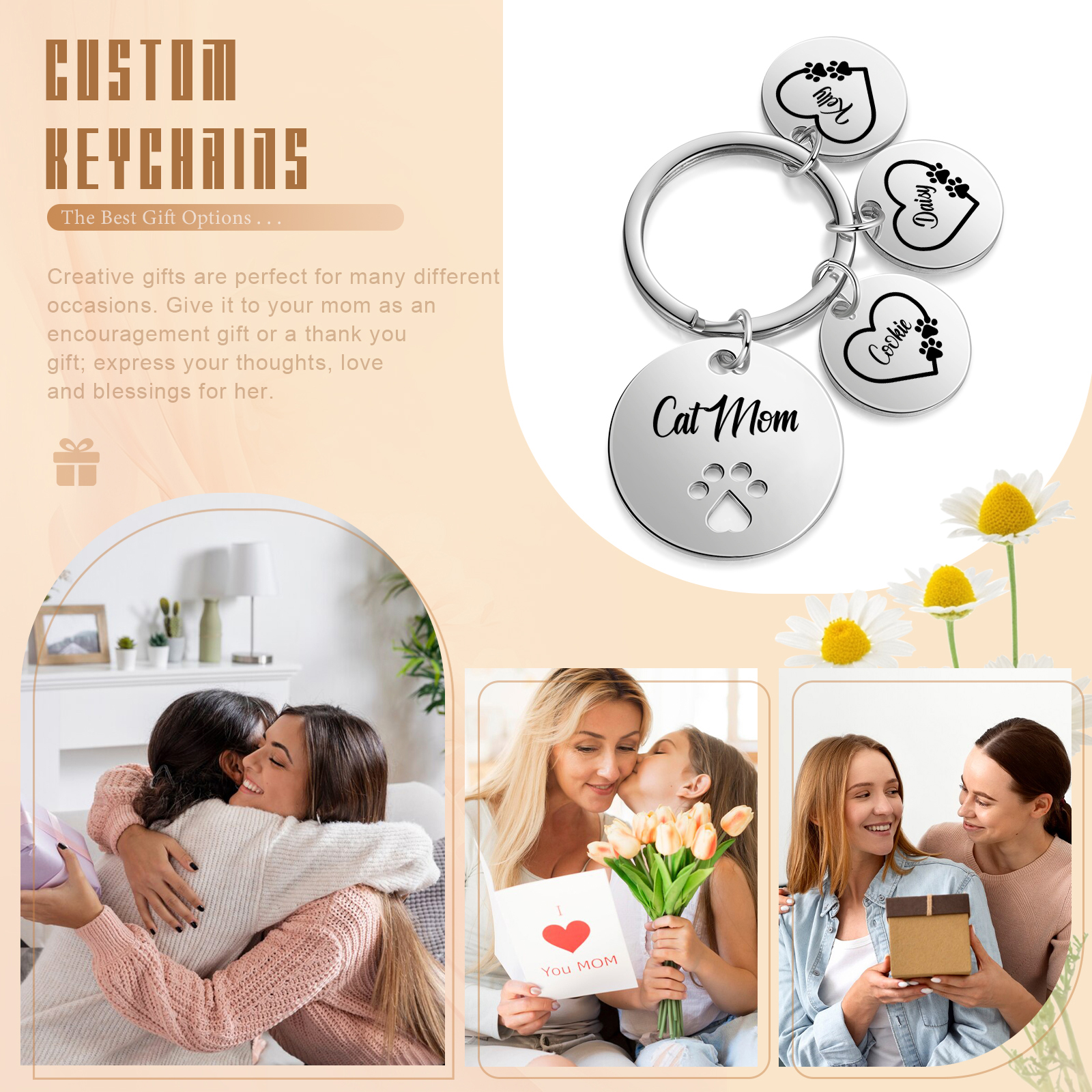 Personalised 3 Names & 1 Text Keychain Cat Paw Circle Charm Keychain Gift for Mother/Grandma-Jessemade AU