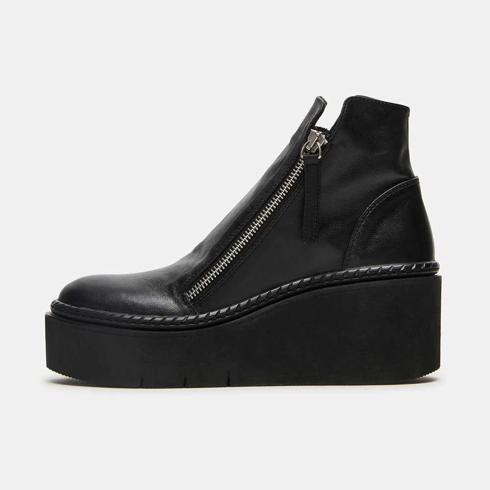 Black Round Toe Wedge Heel Platform Short Booties with Zipper