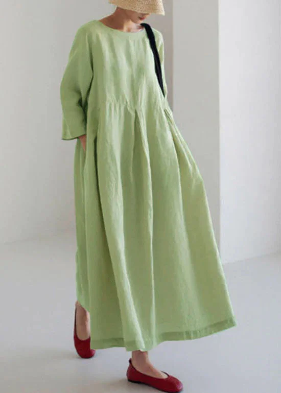 Light Green Cotton Dresses Pockets Patchwork Spring