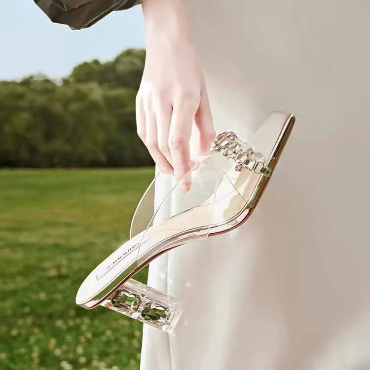 Breakj Breakj Heel Wearing Cold Slippers Women 2025 Summer Fashion Transparent Water Drill Temperament With High Heels Do Not Tired Feet