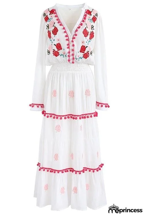 Embroidery Pom Pom Maxi Dress