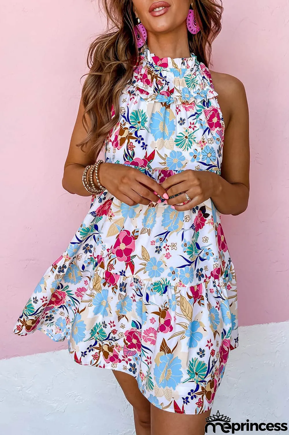 White Frill Mock Neck Sleeveless Tiered Floral Dress