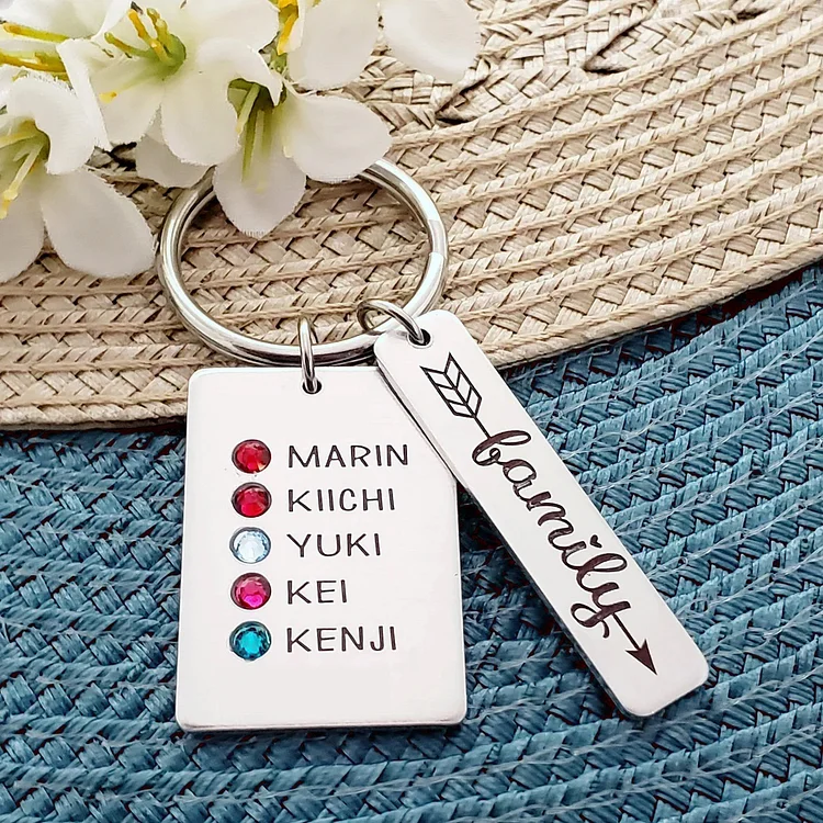 Personalized Family Birthstone Keychain Engraved 5 Names Gift for Mom Grandma