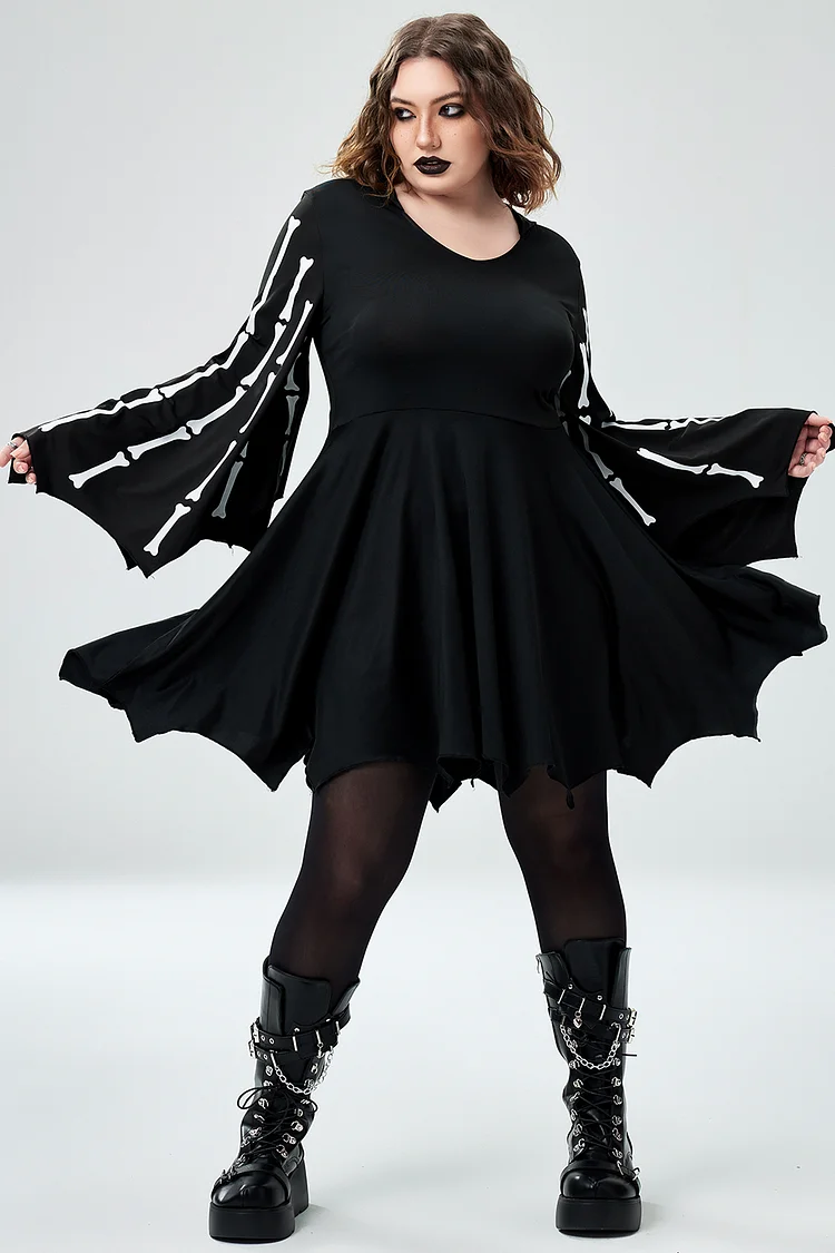 Xpluswear Design Plus Size Halloween Costume Black Bat Skeletons Knitted Mini Dress 