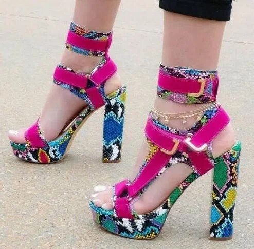 VCSHOES Women Multi-Snakeskin Chunky Heel Platform Ankle Buckle Strap Sandals High Top Fuchsia Python Patchwork Dress Sandals Lady