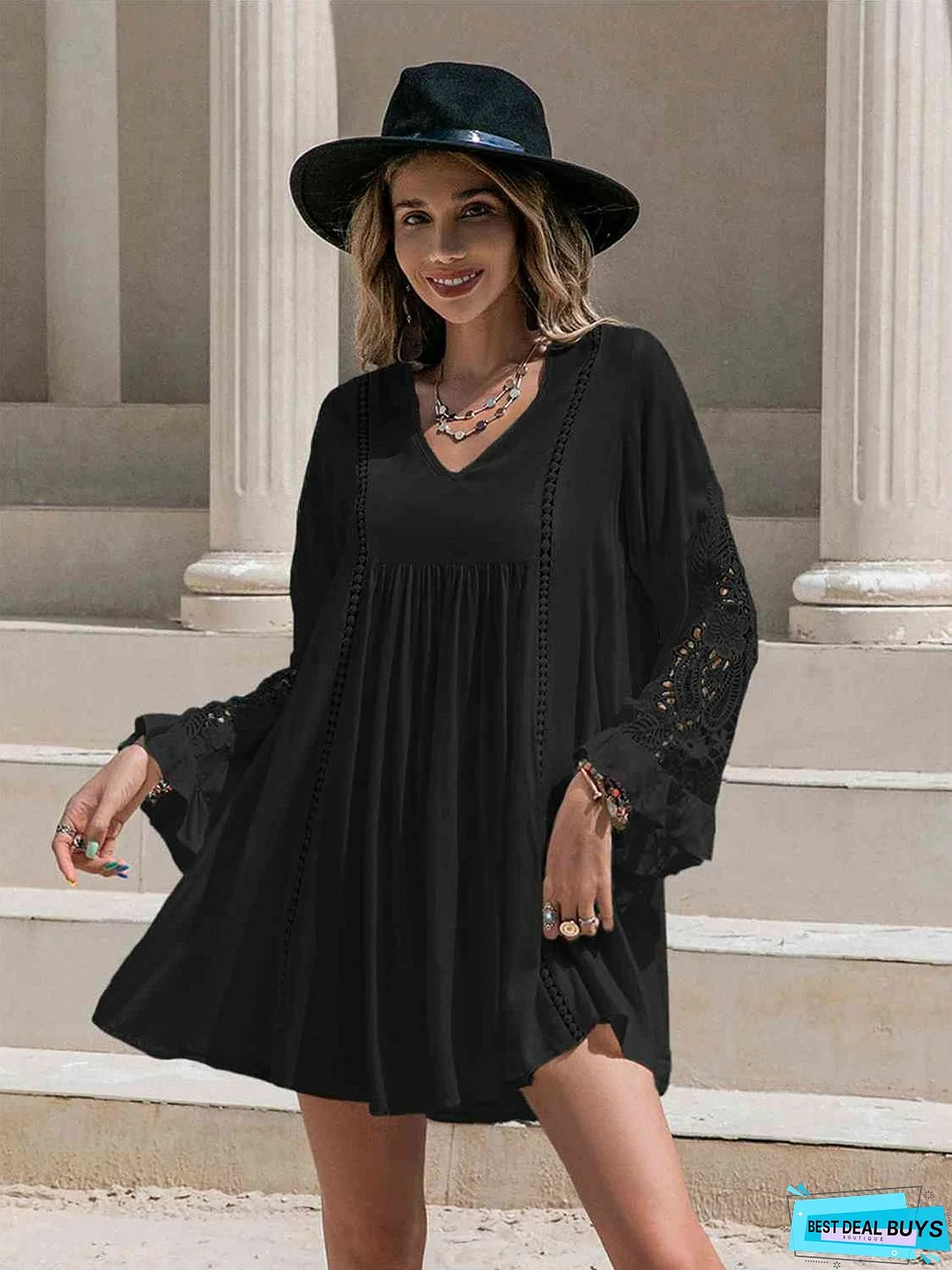 Lace Detail V-Neck Mini Dress