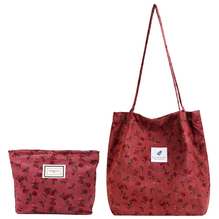 2Pcs Women Corduroy Tote Bag Floral Casual Sling Bag Gifts for Friends (Pink)