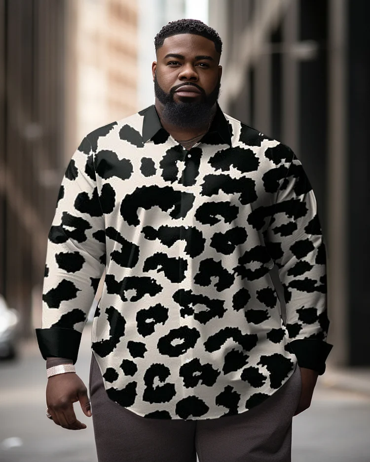 Men's Plus Size Business Casual Classic Milk Leopard Print Lapel Long Sleeve Shirt
