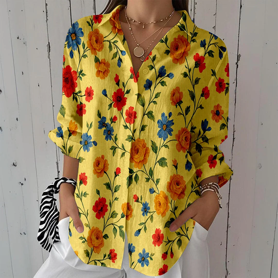 Style & Comfort for Mature Women Women Floral, Yellow, Red DZCL0103 3/4 Sleeve Shirt Collar Printed Button Tops