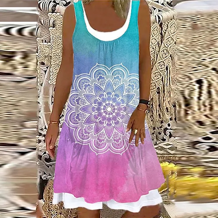 Women's Round Neck Casual Fashion Print Knee Length Dress