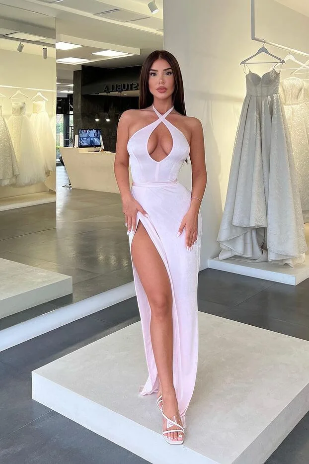 Classy White Halter Sleeveless Evening Dress Keyhole Split Long On Sale - lulusllly