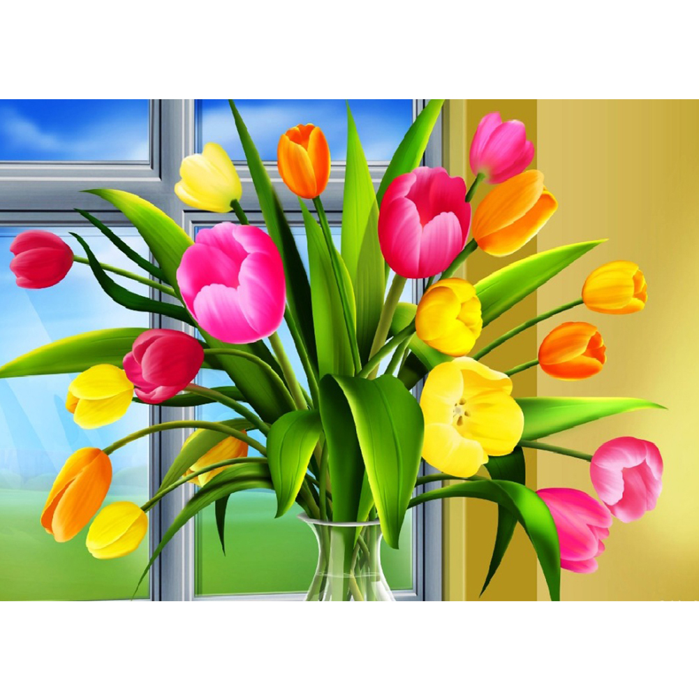 

30*40CM - Round Drill Diamond Painting - Tulips in Vase, 501 Original