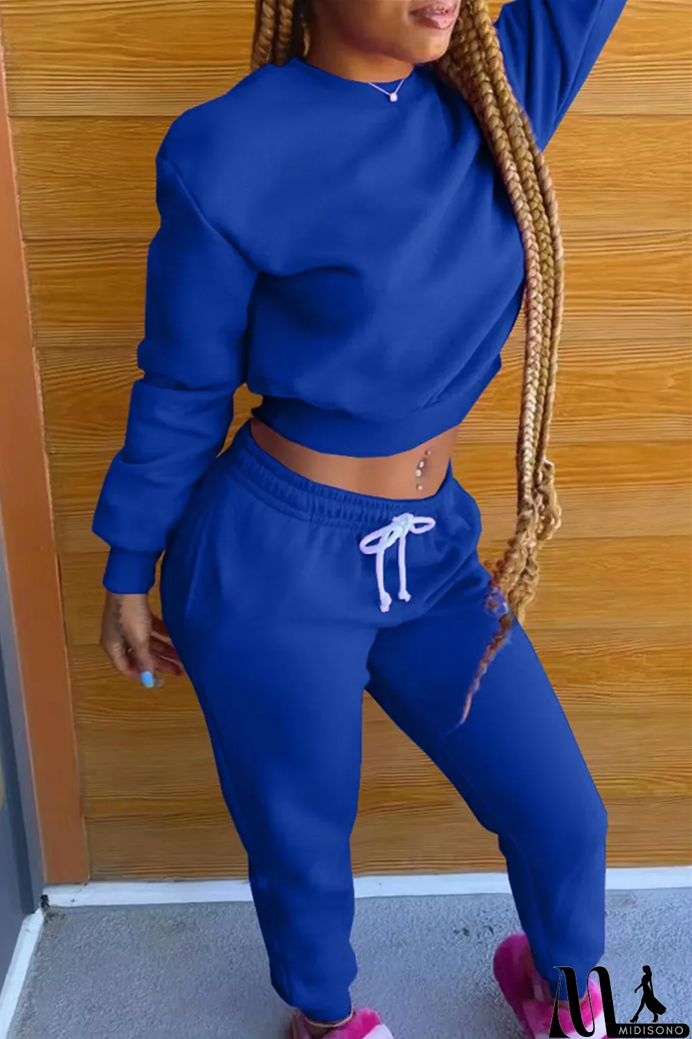 MidiSono - Black Fashion Casual Solid Basic O Neck Long Sleeve Two Pieces