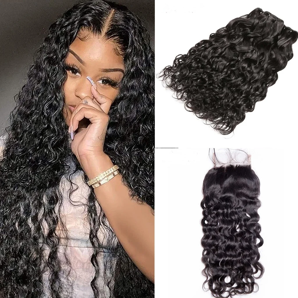 12A 3PCS + 4X4 HD Lace Closure Water Wave Vigin Human Hair Bundles With 4X4 Transparent Lace Closure 