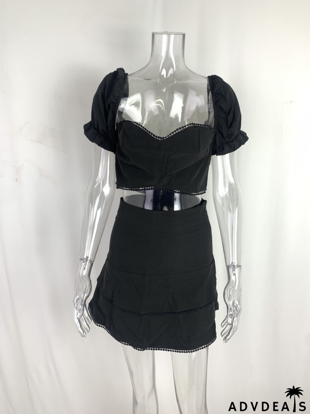 Women Sexy Printed Puff Sleeve Top and Skirt Casual Two-piece Set