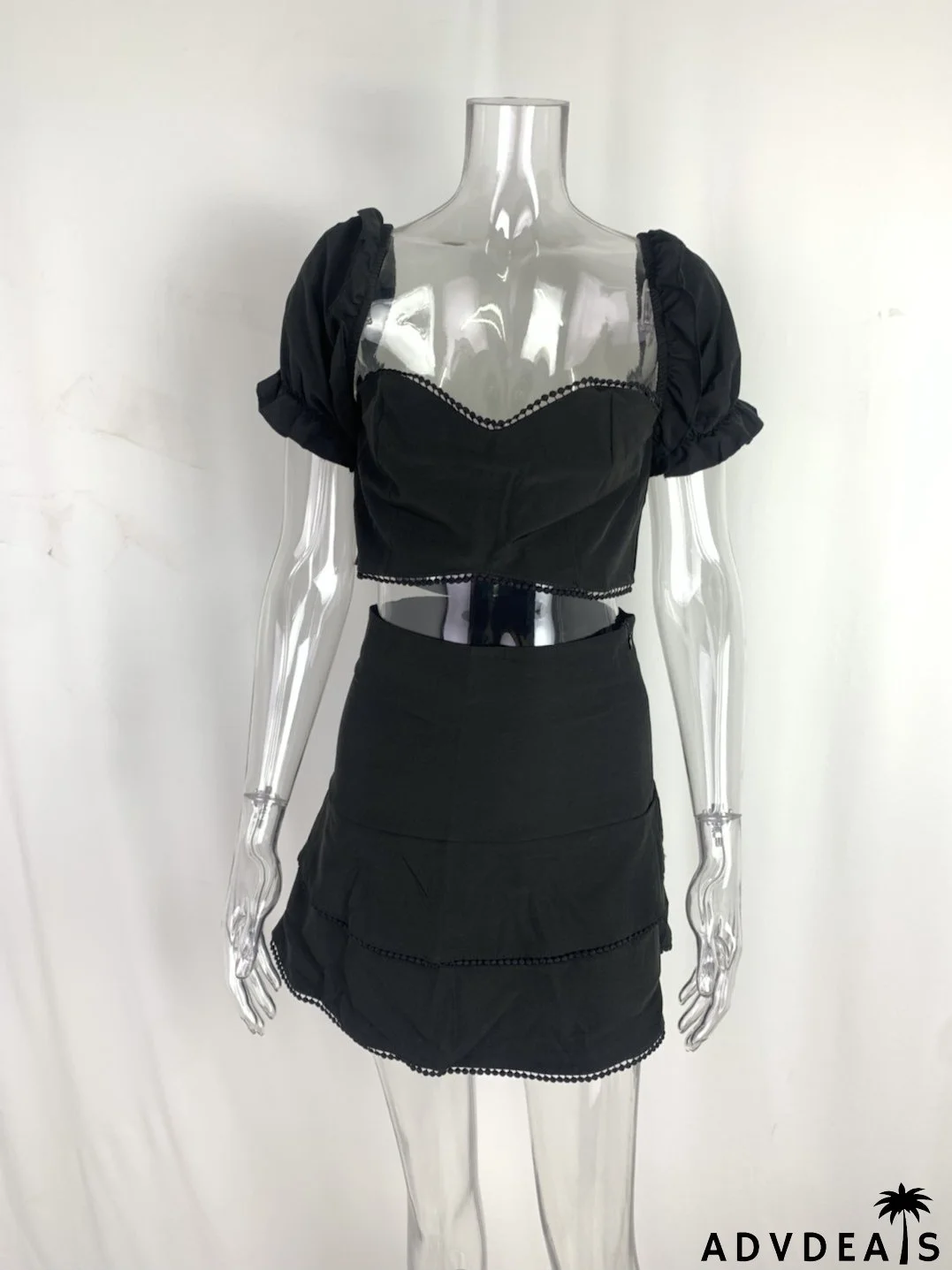 Women Sexy Printed Puff Sleeve Top and Skirt Casual Two-piece Set