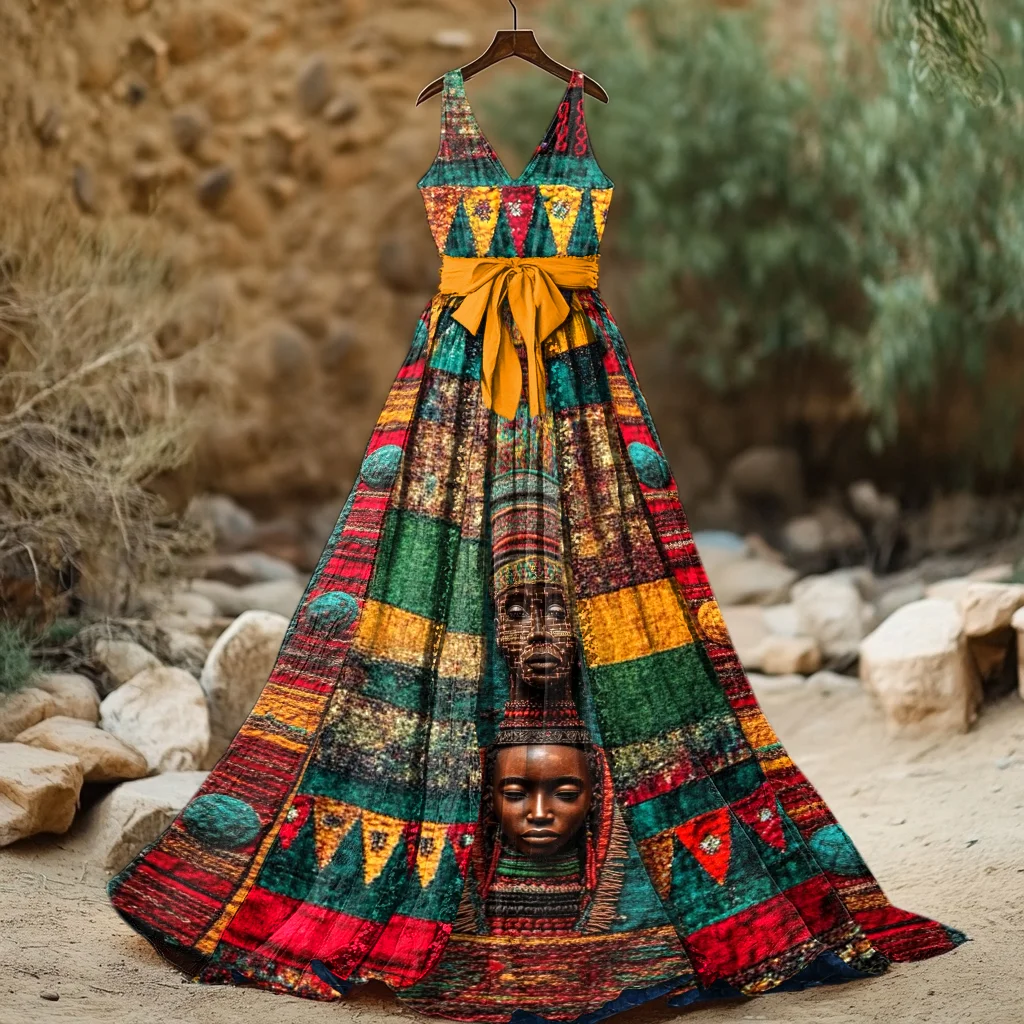Women's Juneteenth Black Pride African Color Block  Geometric Art Print Long Dress