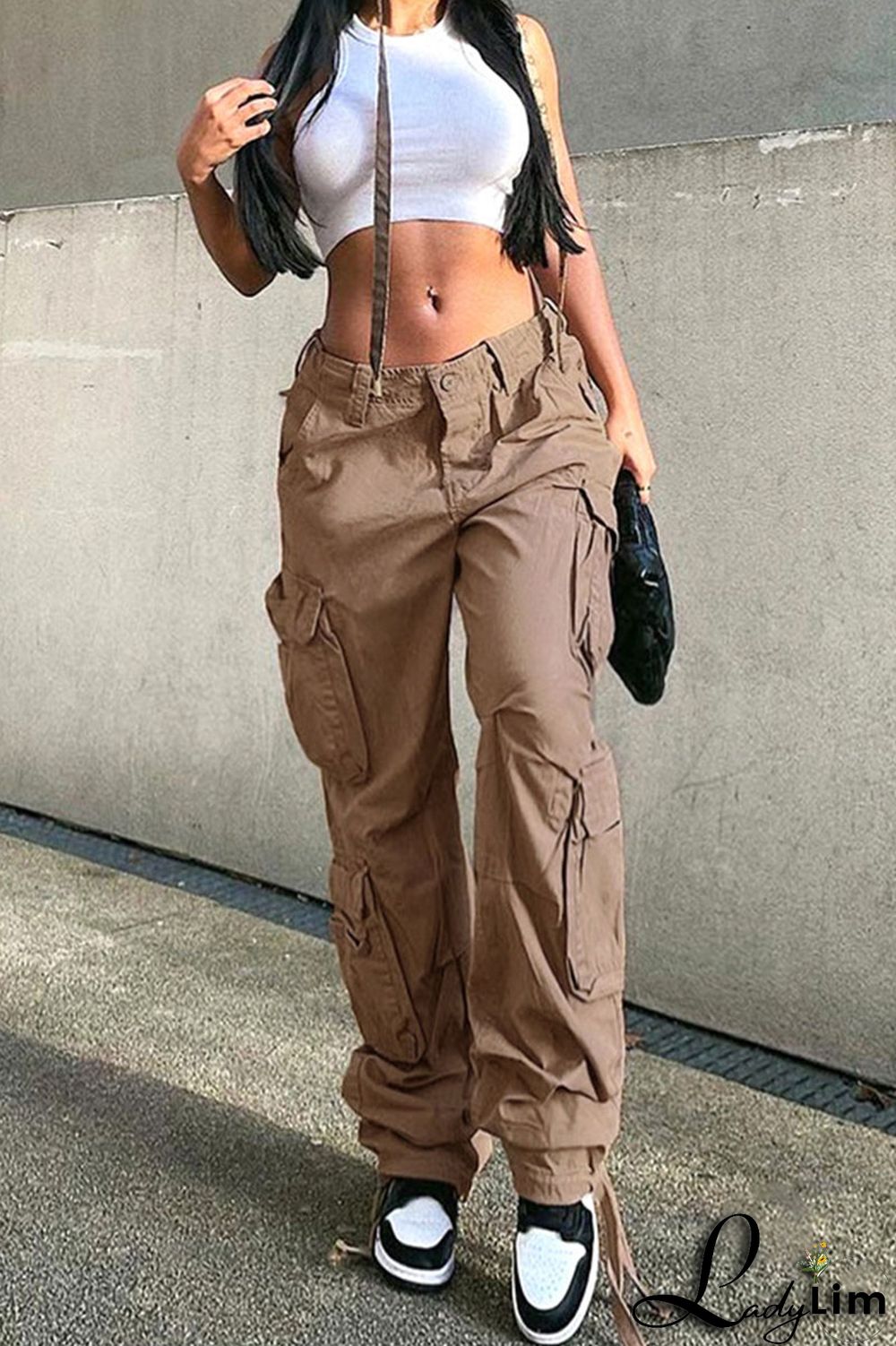 Green Street Solid Patchwork Pocket High Waist Straight Solid Color Bottoms