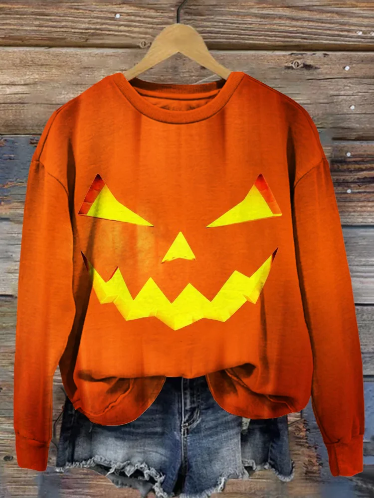 Halloween Jack O' Lantern Pattern Washed Sweatshirt