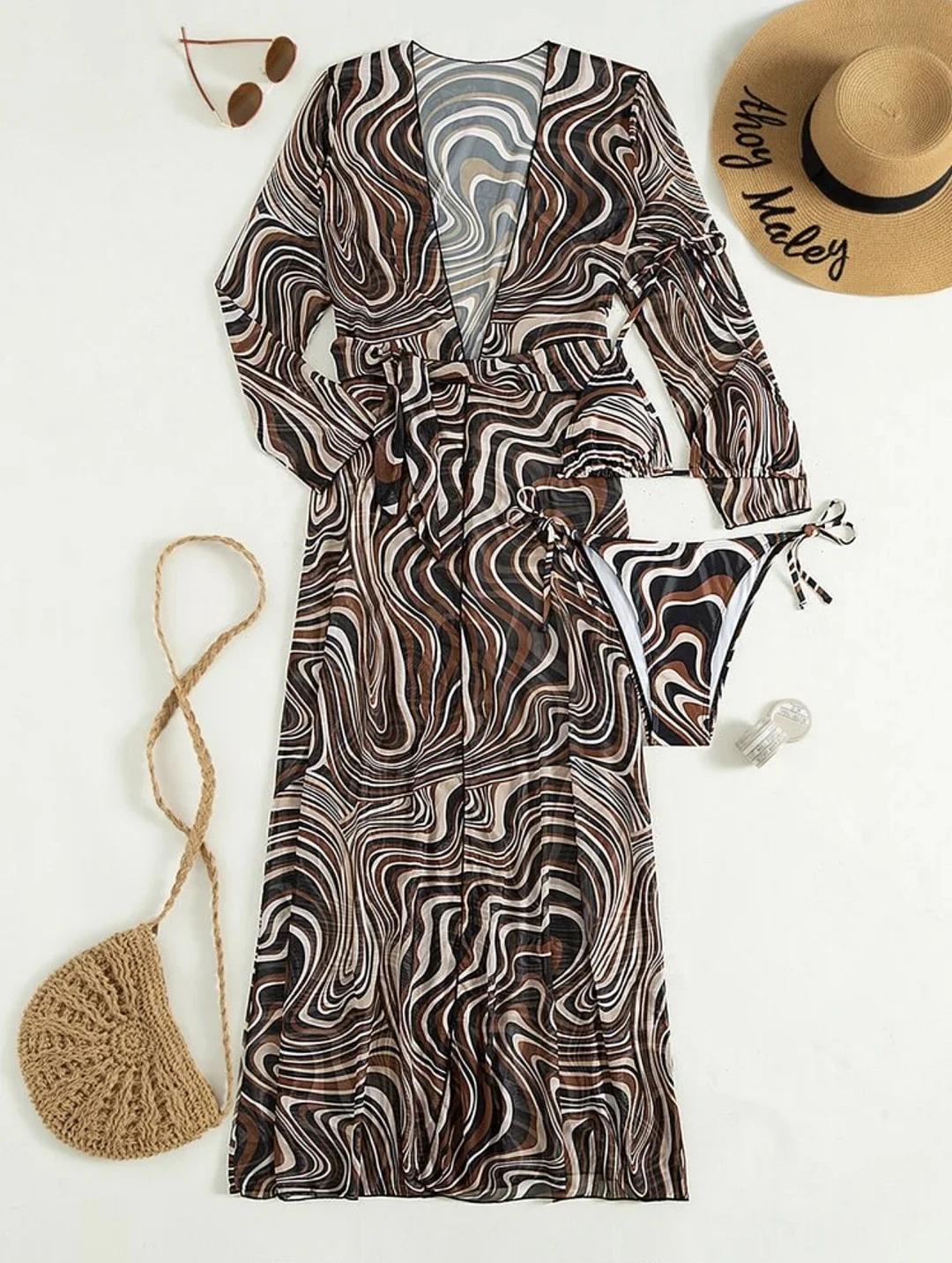 Uveng 2022 New Striped T-Shirt With Long Nepotnet Yarn In Three-Piece Bikini