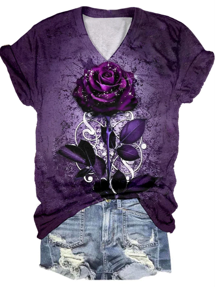 Alzheimer's Awareness Purple Rose Flower Print V-Neck T-Shirt