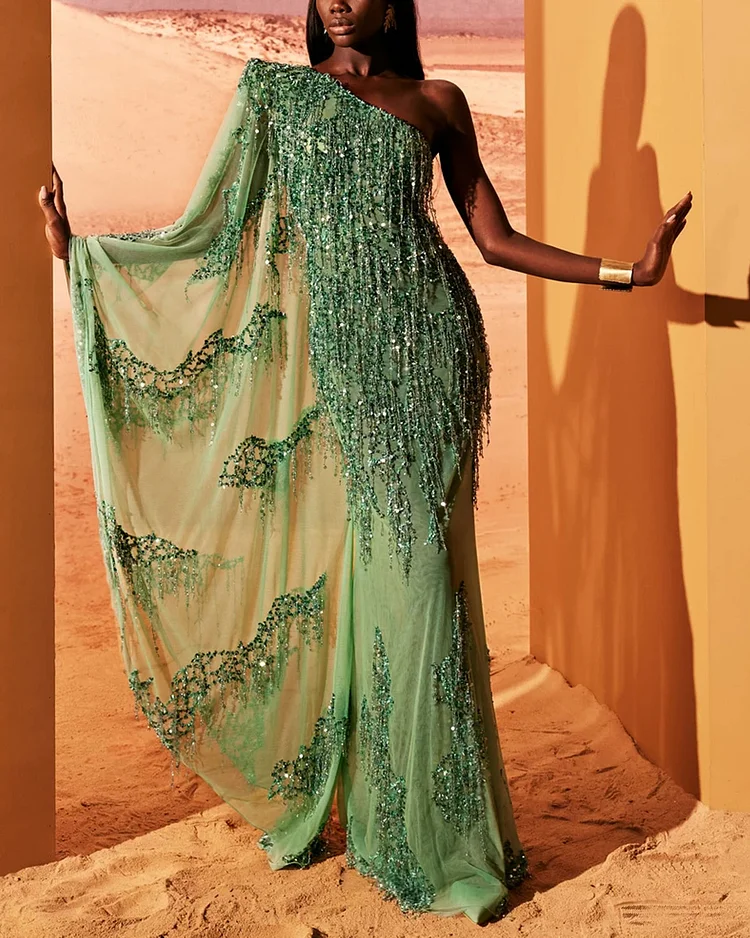 One-Shoulder Embroidered Sequined Fringed Dress