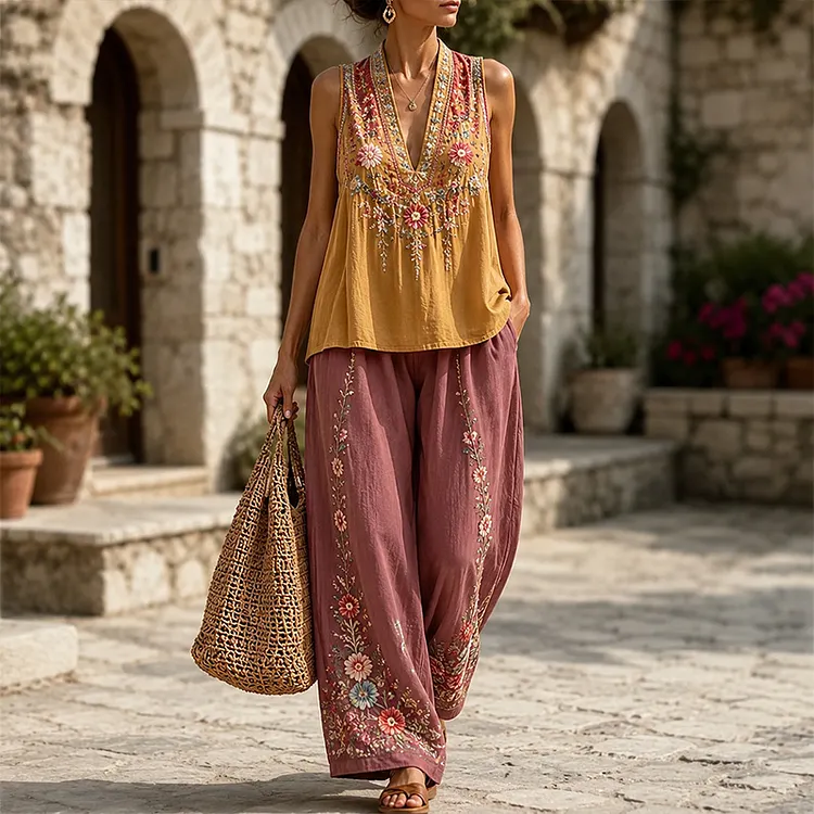 Women's Vintage Floral Print Sleeveless Casual Set
