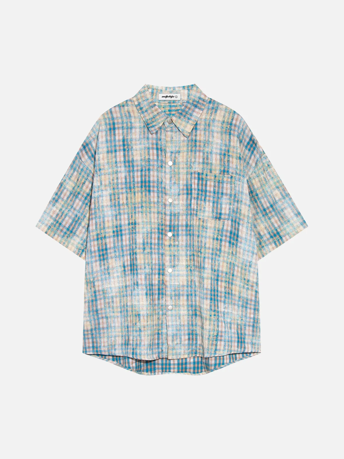 Green Tie-Dye Plaid Washed Gradient Short Sleeve Shirt Front