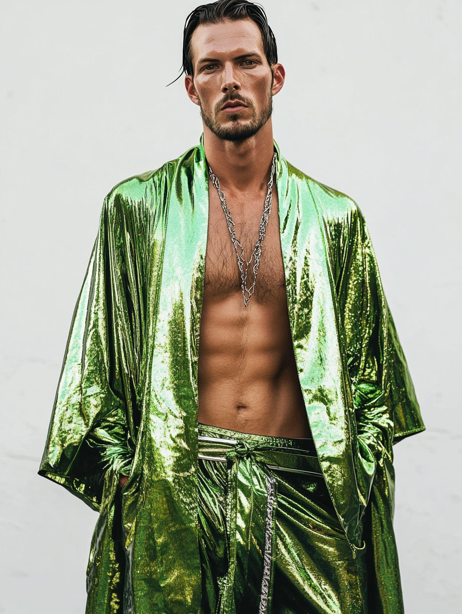 Men's Green Festival Party Metallic Kimono Robe