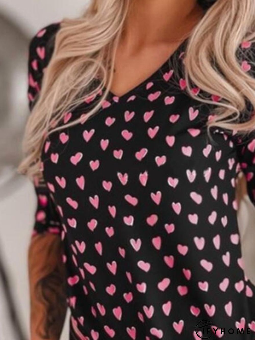 Casual Three Quarter V Neck Printed Top T-shirt | IFYHOME