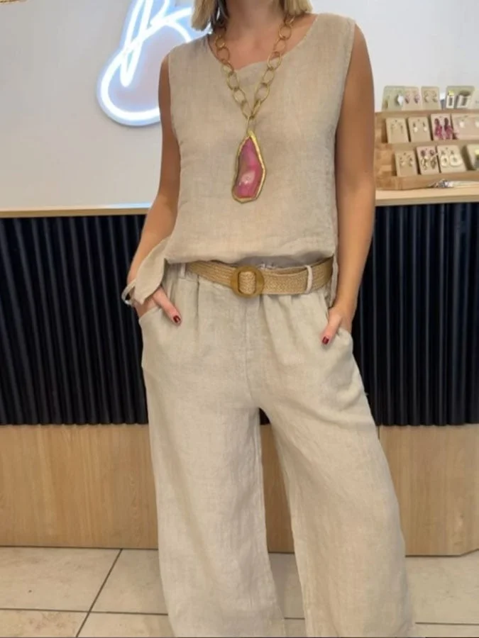 Women's Casual Solid Color Round Neck Vest Trousers Cotton and Linen Two-piece Set