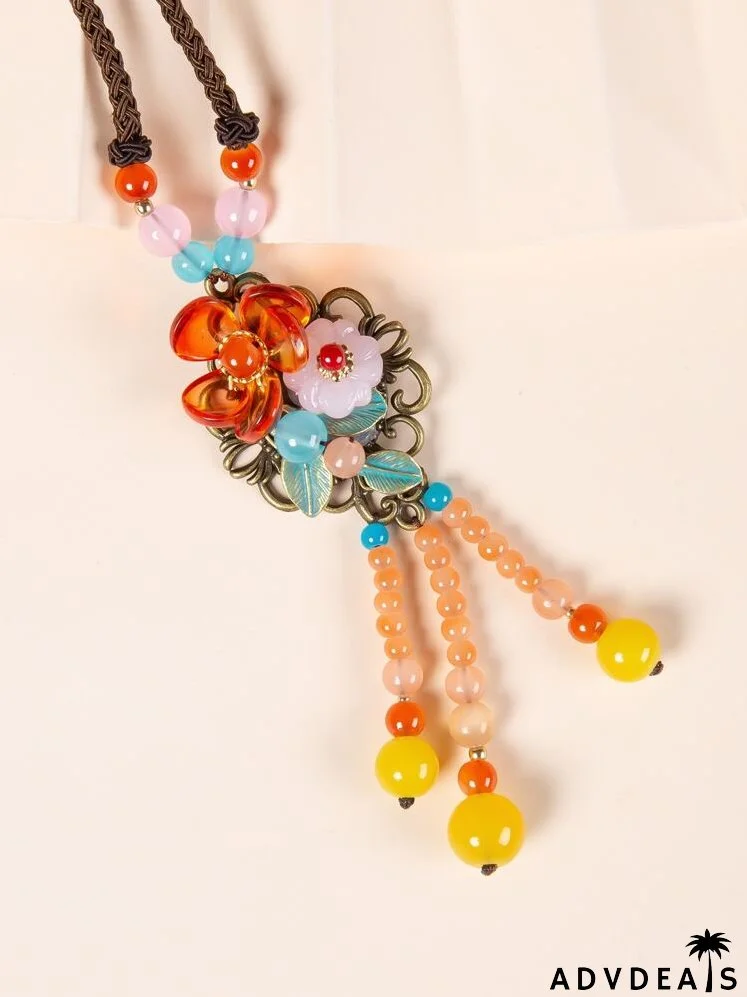 Flower & Bead Tassel Charm Necklace