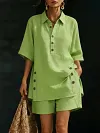 Women's Elegant Plus Size Solid Color Short-Sleeve Shirt Loose Pants Two-Piece Set